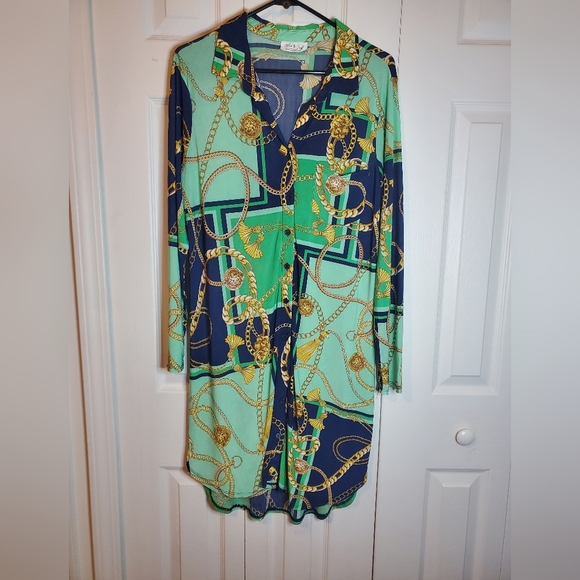 Rainbow Plus Size Chain Pattern Button Down Shirt Dress, Green-1X - Picture 2 of 6